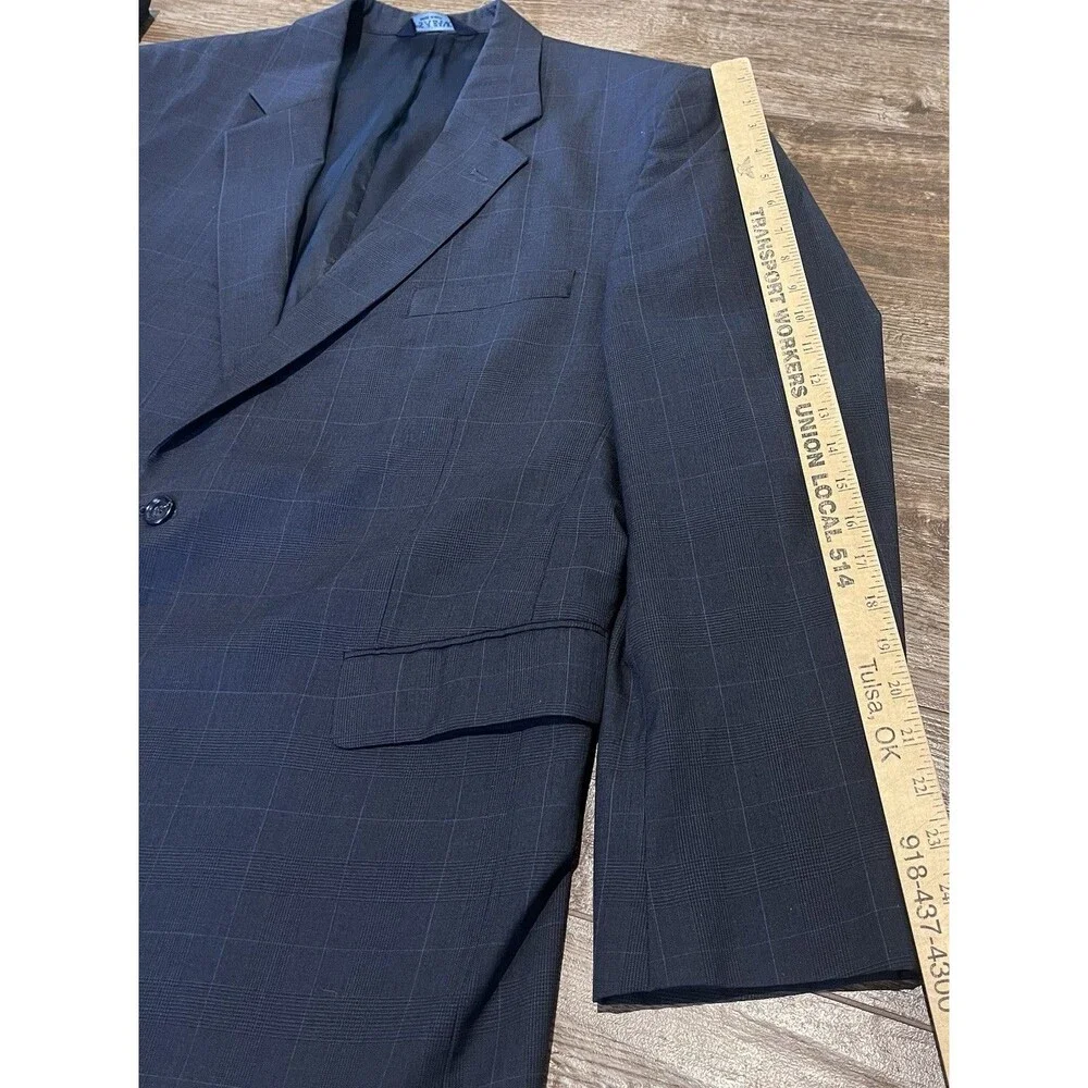 Jos A Bank Blazer Mens 48R Navy Blue Windowpane Wool Sport Coat Jacket Plaid